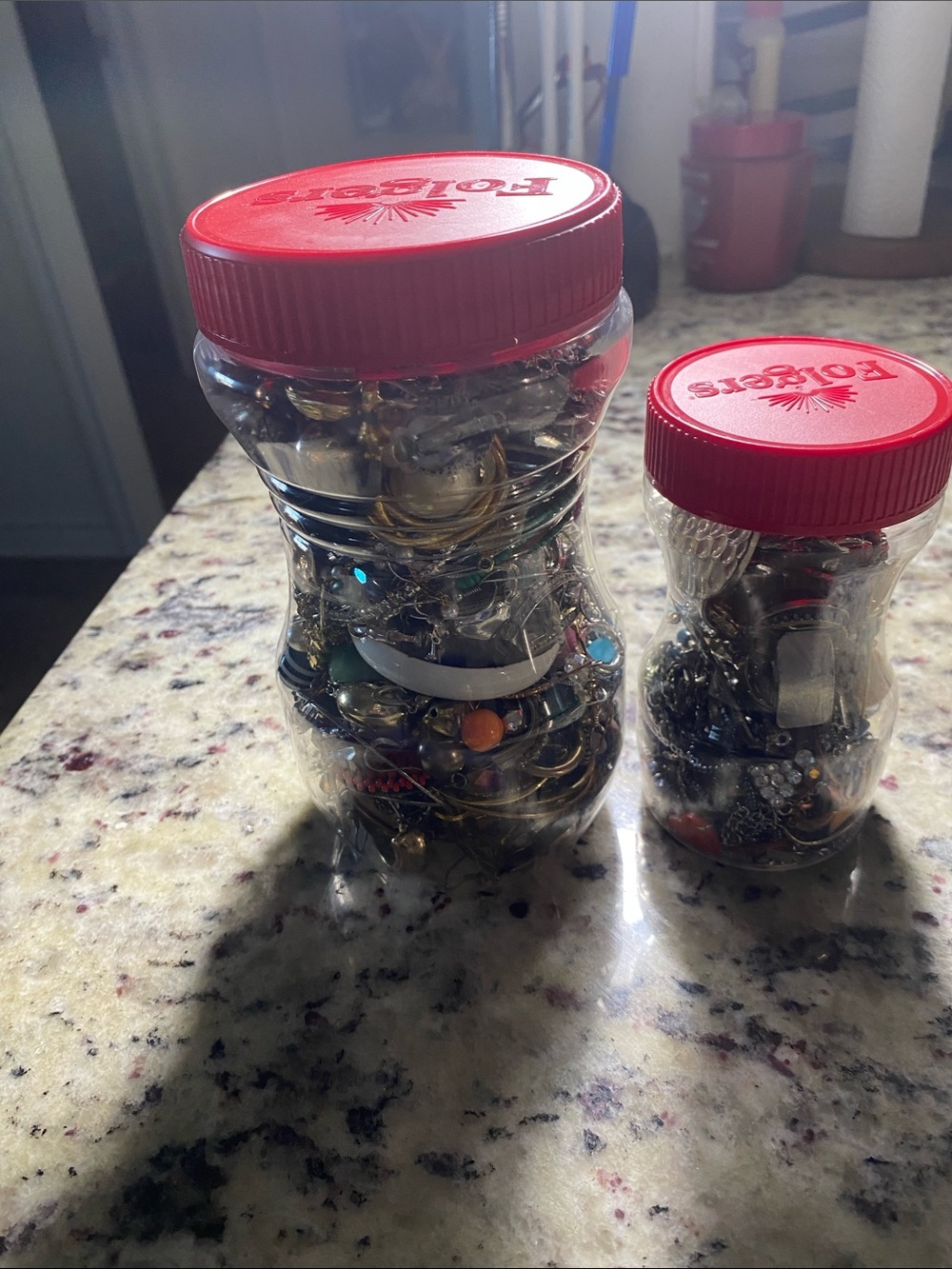 Large Plastic Jar Red Lids Filled with Single Earrings, Small Jar with Craft